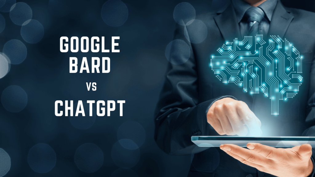 man on laptop representing machine learning with text google bard vs chatgpt